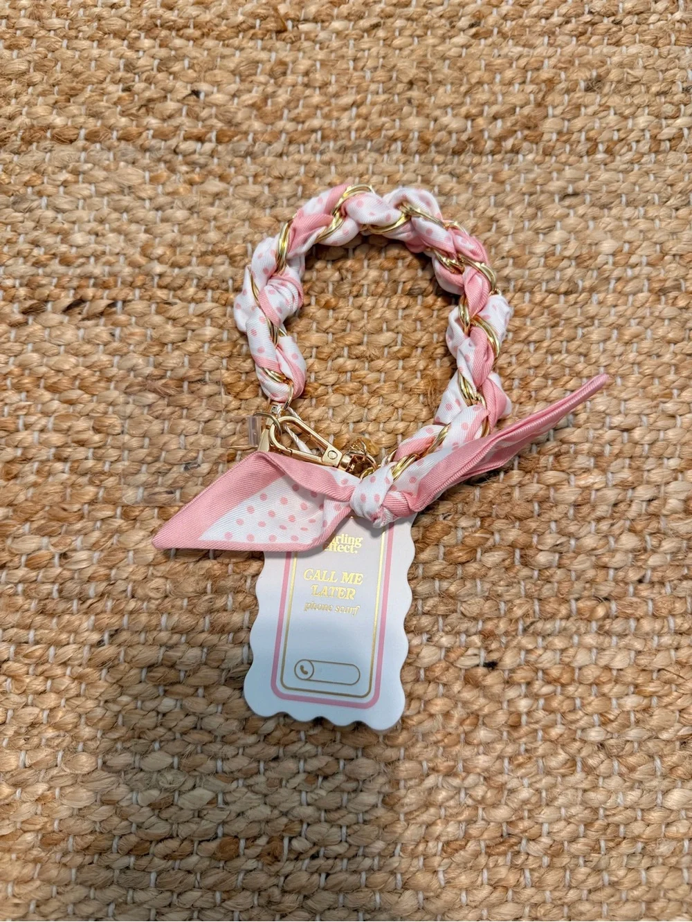 Pink Polka Dot Chain Wristlet Phone Strap with Gold Hardware